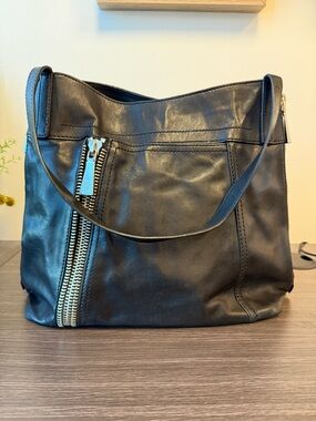 Frye Lena Leather Black Shoulder Bag | Silver Zip & Magnetic Closure Pockets